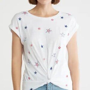NEW Lucky Brand White Tee with Blue, Red Embroidered Stars Size L T-Shirt NWT